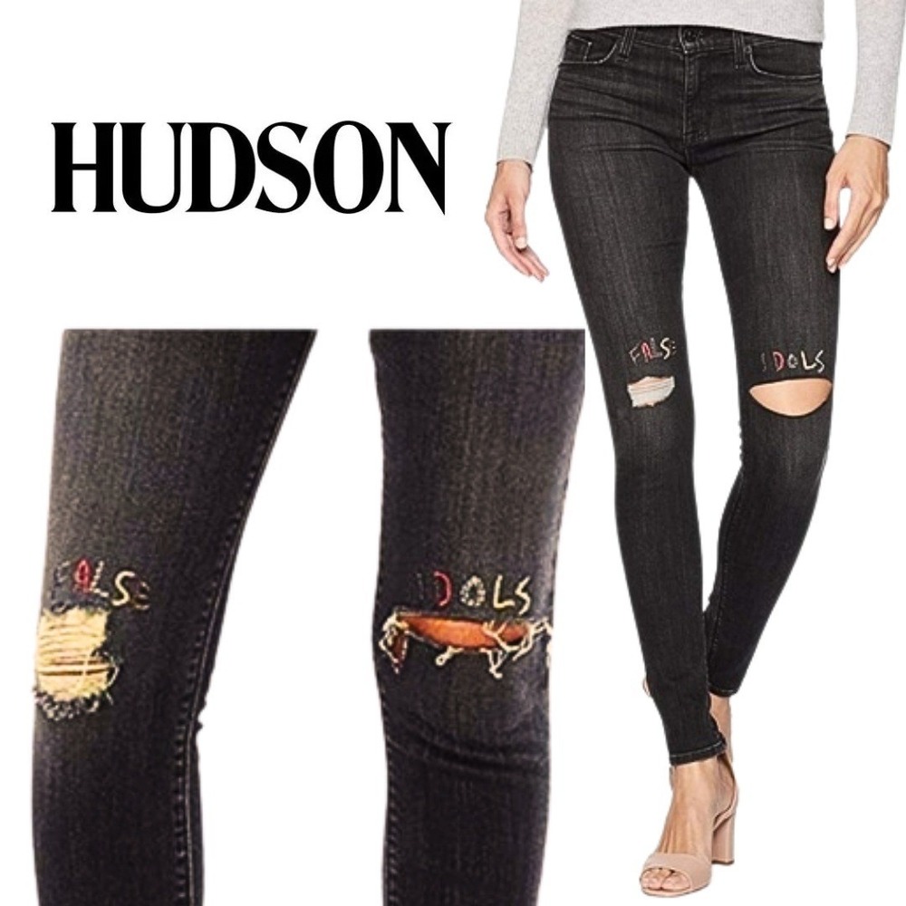 Hudson, Nico "False Idols" Midrise Super Skinny Jeans Distressed Black Size 29
